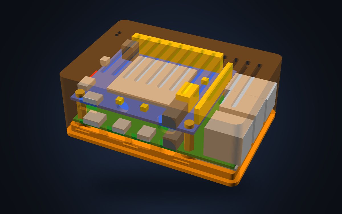 The Raspberry Pi case, closed, with the boards showing through