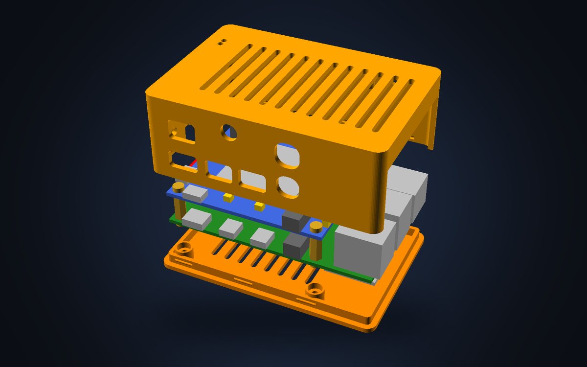 3D render of an orange Raspberry Pi case pulled apart to show the boards inside