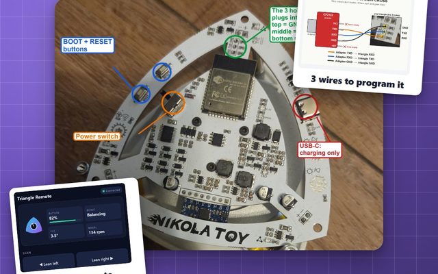The inside of the self-balancing triangle robot with its phone remote